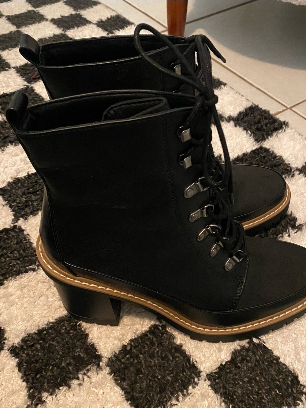 a new day Black Lace-Up Block Heel Ankle Boots with Tan Trim